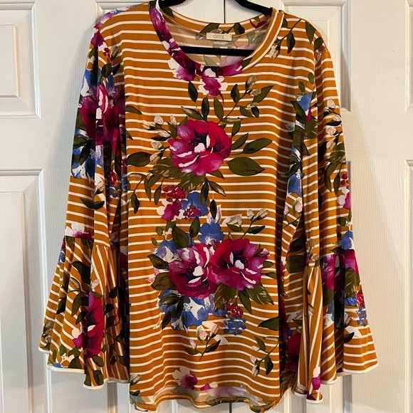 Tops - Mustard floral/striped blouse